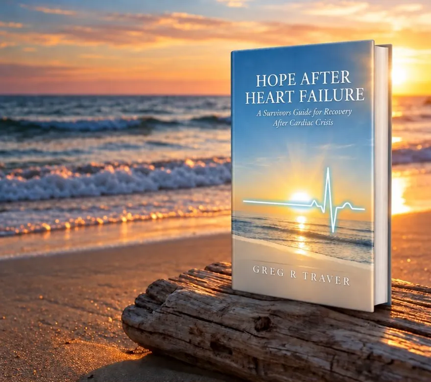 Hope After Heart Failure by Greg R. Traver, standing on a piece of driftwood on the beach at sunset