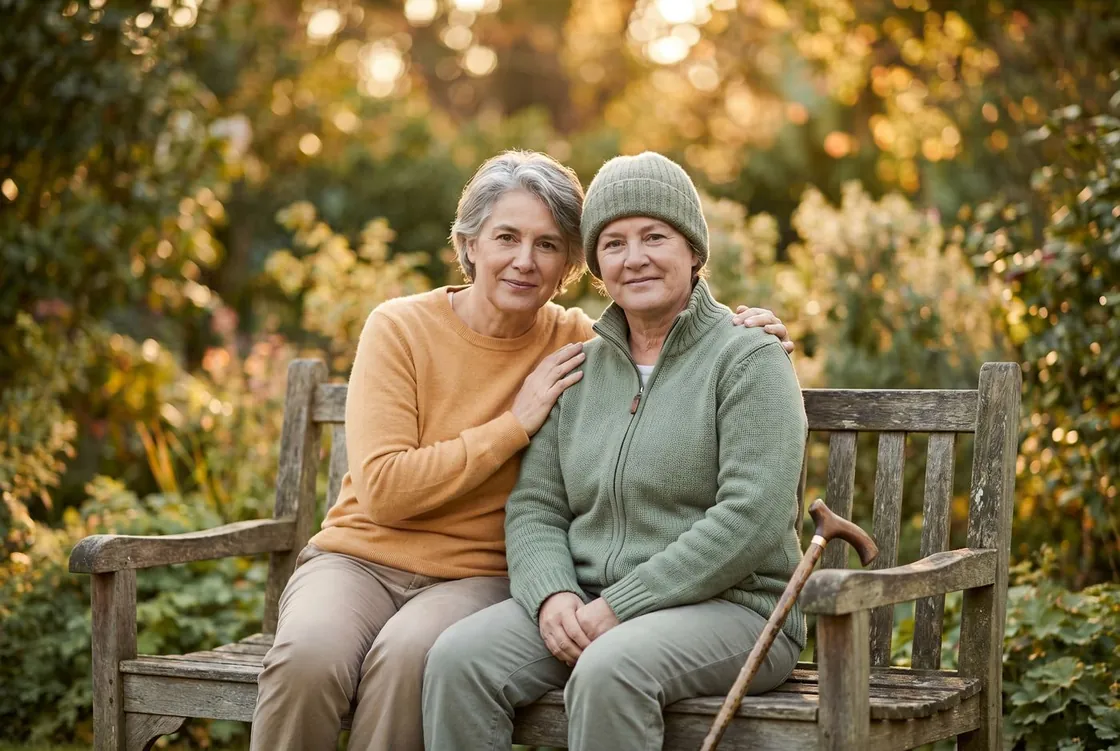 Two women sitting together on a garden bench