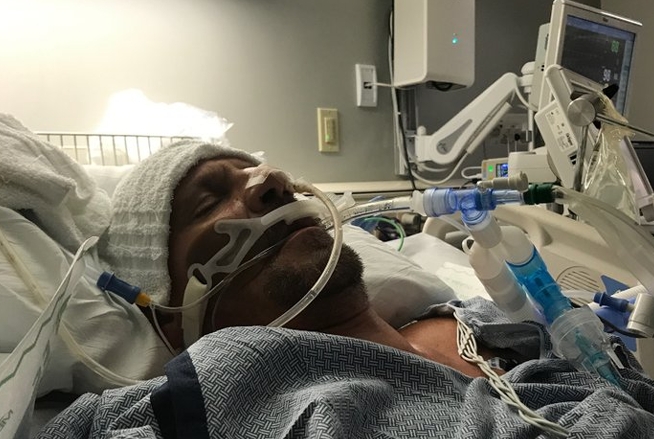 Greg Traver intubated in the ICU during his heart failure crisis