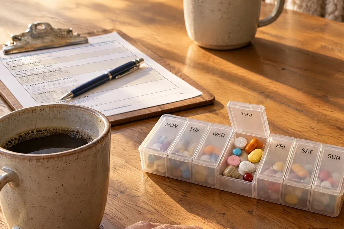 Weekly pill organizer, coffee, and a heart failure self-monitoring log on a kitchen table in morning light